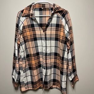 Plaid Button-Up Shirt in Orangey-Pink and Black